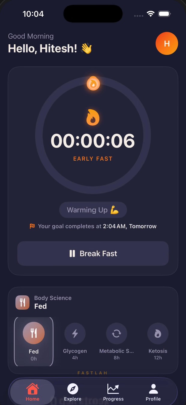 FastLah fasting timer running with body-science phase tracker
