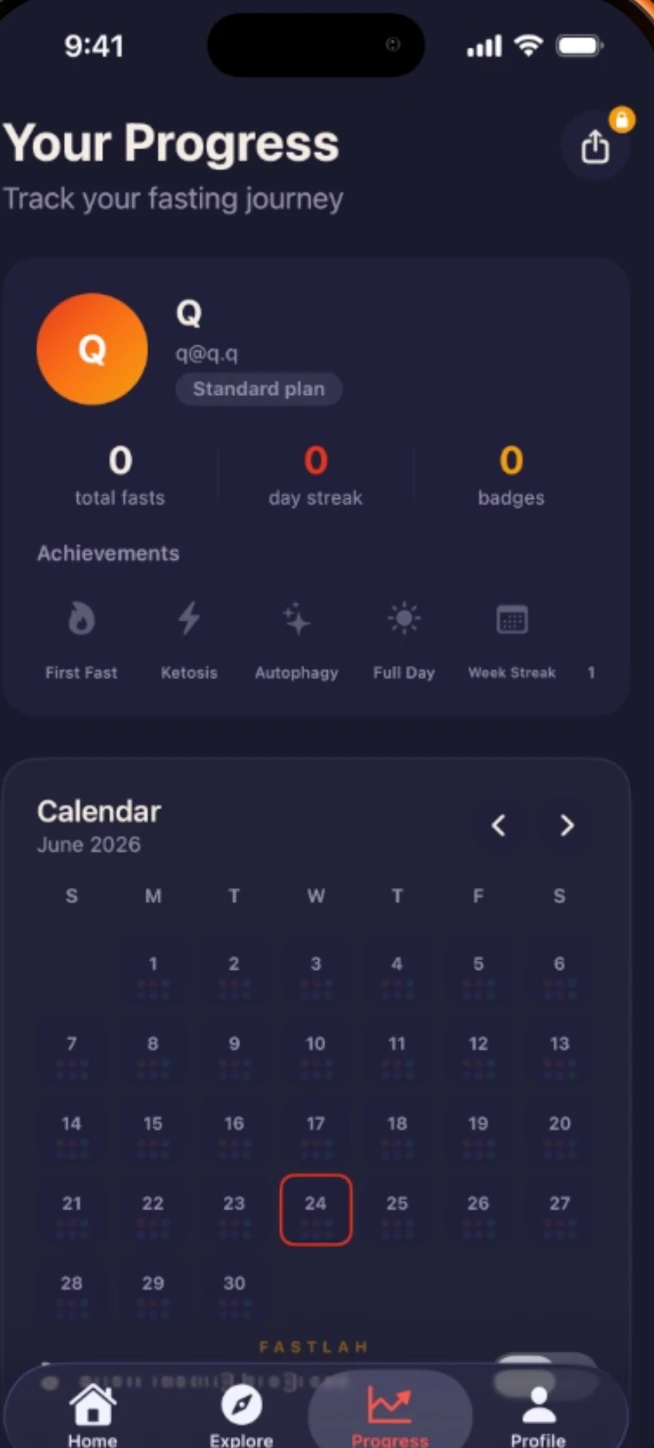 FastLah progress dashboard with achievements, streaks and a fasting calendar