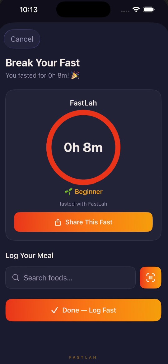 FastLah break-fast screen with fast summary and meal logging with barcode scan
