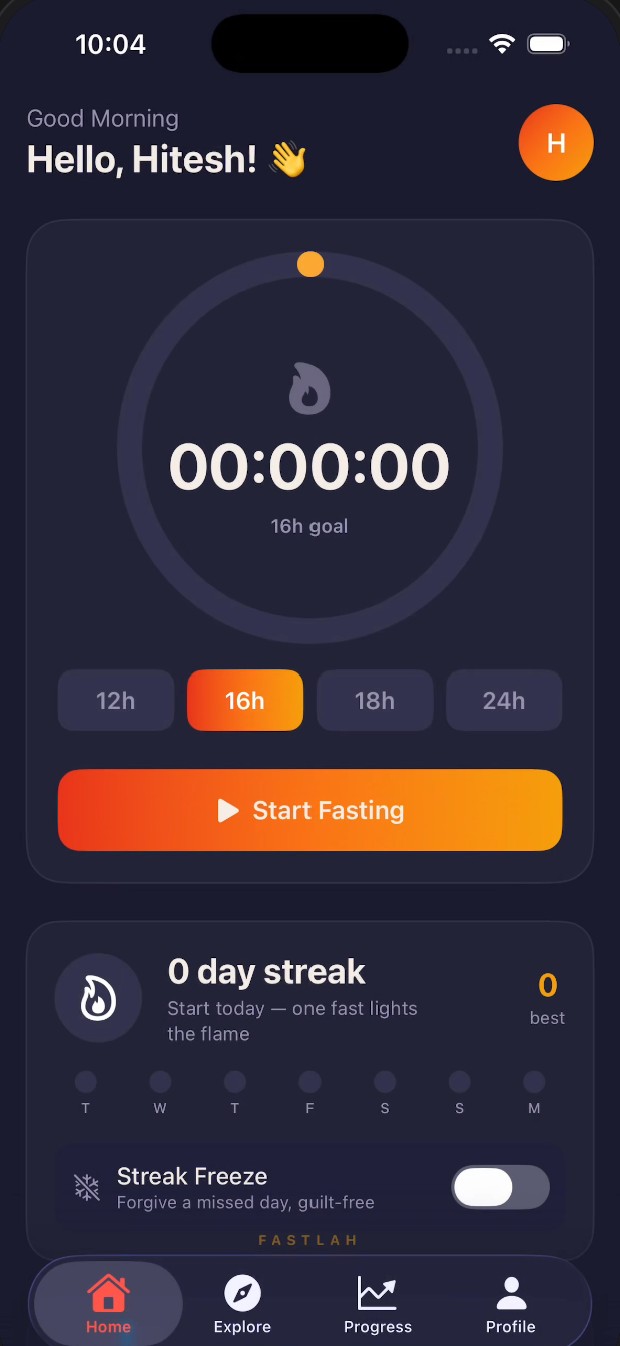 FastLah iOS home screen showing the fasting timer ring, 16-hour goal and streak card
