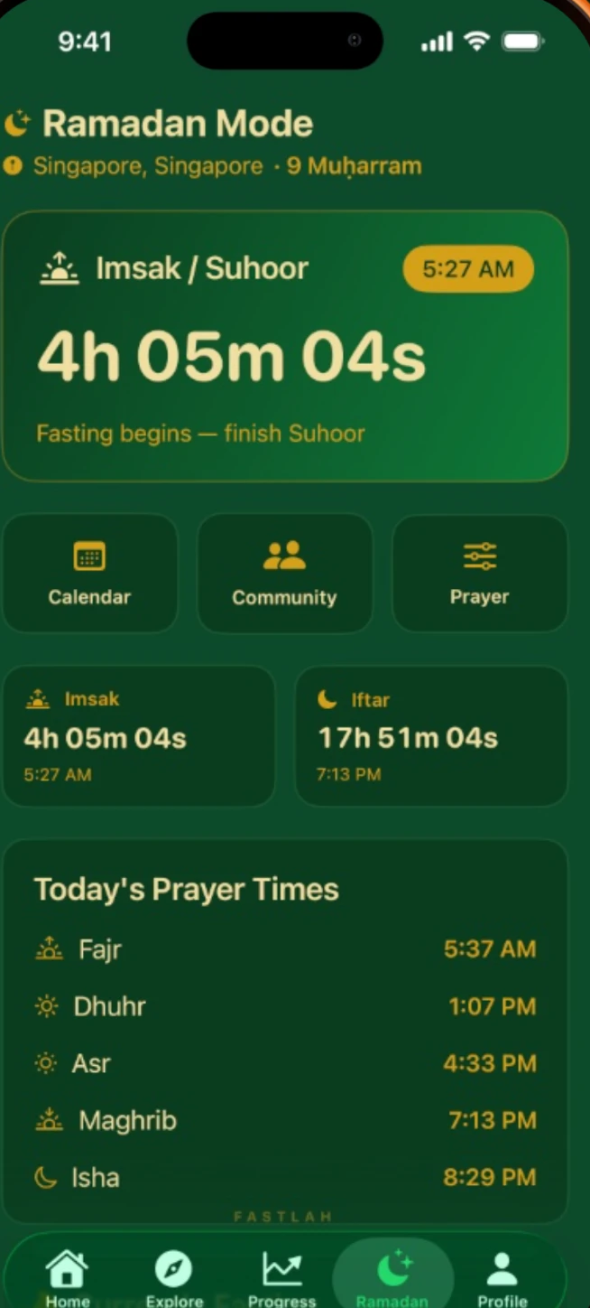 FastLah Ramadan Mode with Imsak and Iftar countdowns and daily prayer times