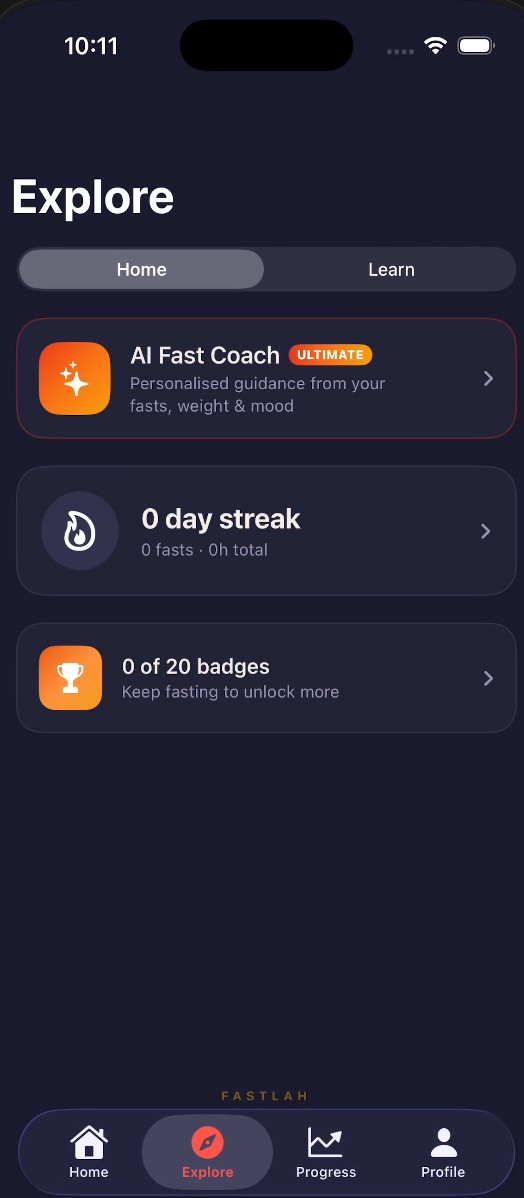 FastLah Explore screen with the AI Fast Coach card, streak and badge progress