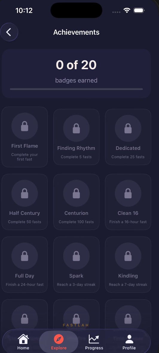 FastLah achievements screen showing 20 unlockable fasting badges